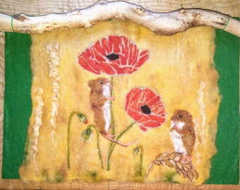 Poppies and Harvest Mice Wall Hanging- Needle Felted Original - framed in Driftwood