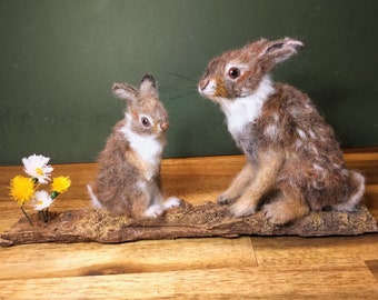 Needle Felted Cottontail Rabbits, Mum and Baby Rabbit, Spring Sculpture