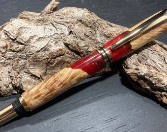 Gold Rollerball pen with Hybrid Maple Burl and Red Resin - Beautiful! (#2182)