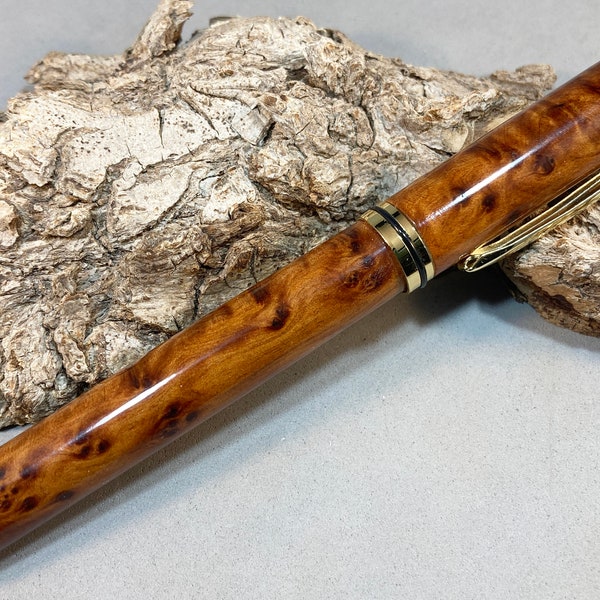 Elegant Gold Rollerball Closed-end Pen made with Thuya Burl (#2386)