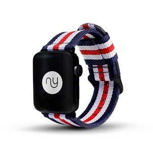 May include: A red, white, and blue striped watch band with a black watch face. The watch face has a white circle with the letters "NY" in it.