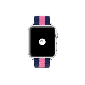 May include: A silver Apple Watch with a black and pink striped nylon band. The watch face is black and displays a white "NY" logo.