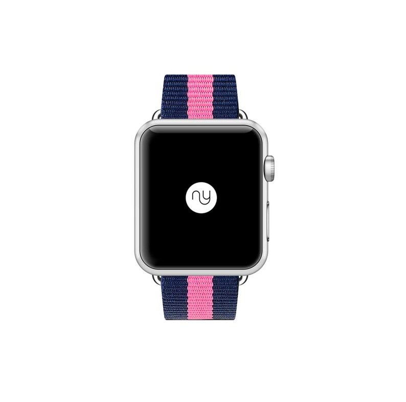 May include: A silver Apple Watch with a black and pink striped nylon band. The watch face is black and displays a white "NY" logo.