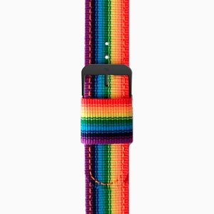 May include: A rainbow-striped watch band with a black buckle. The band features vertical stripes in the colors of the rainbow: red, orange, yellow, green, blue, and purple. The buckle has the letters "ny" printed on it.