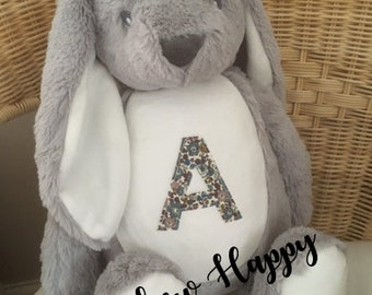 Personalised soft toy / pyjama case bunny with Liberty fabric Betsy Bunny (grey or light cream)