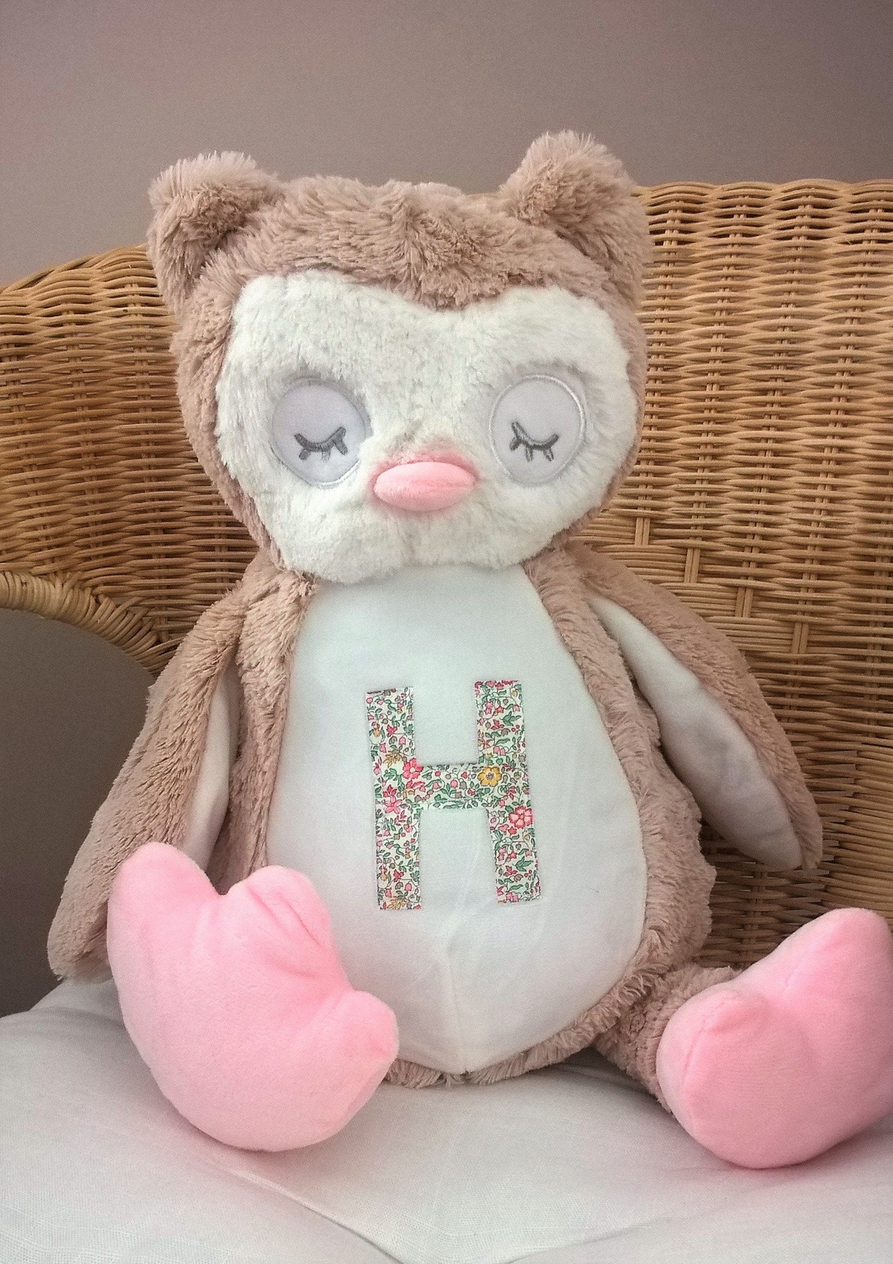 Personalised Owl soft toy, Liberty fabric, pyjama / nightdress case, personalised gift, christening 