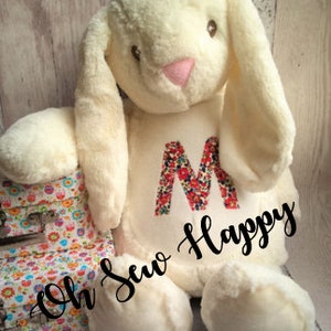 Personalised soft toy / pyjama case bunny with Liberty fabric Betsy Bunny (grey or very light cream/ white)