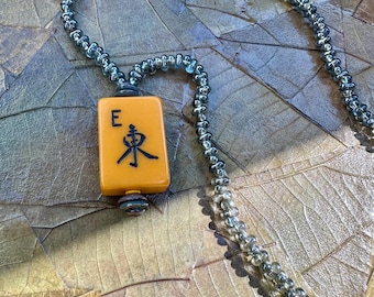 Vintage Butterscotch Bakelite Mahjong Tile Pendant Necklace, Czech Farfalle Bead Strand