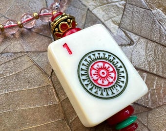 Handmade Mahjong Tile Necklace, Pink Beaded Strand, Lucky #1 DOT Pendant