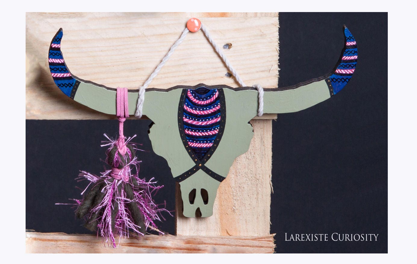 Mini Trophée Taureau - Kaki et Pompon Rose Kaki