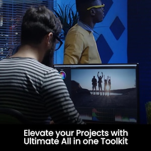May include: A computer monitor displays a photo editing interface with a sunset scene. The image shows two people in the background. The text at the bottom reads "Elevate your Projects with Ultimate All in one Toolkit."