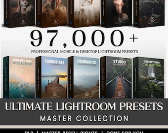 May include: A collection of Lightroom presets in various themes, including Halloween, Fall, Wedding, and Studio. The image displays multiple boxes with titles like "Ultimate Lightroom Presets Master Collection" and "97,000+". The text "The Digital Marketing Shop" is also visible.