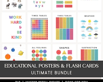 May include: A collection of educational posters and flash cards with various themes. The posters include the alphabet, time tables, weather, shapes, and subtraction. The text "WORK HARD & BE KIND" is also displayed. The bundle is labeled "ULTIMATE BUNDLE".