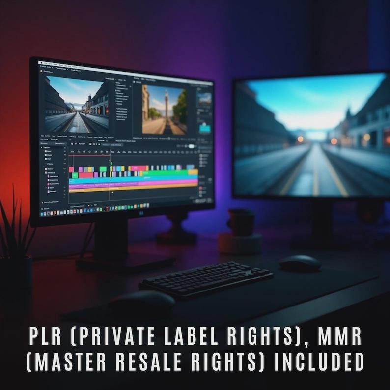 May include: Two computer monitors displaying video editing software, a keyboard, and a mouse on a desk. The text at the bottom reads "PLR (PRIVATE LABEL RIGHTS), MMR (MASTER RESALE RIGHTS) INCLUDED."