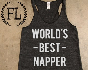 werelds beste NAPPER donkere houtskool grijs tank top, super zacht, schattig, dutjes, gangsta napper, brunch, koffie, cafeïne, yoga boven, training Hoofdpagina