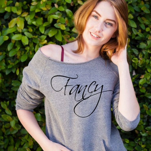 SALE!! FANCY: Raw-Edge Off the Shoulder Eco-Fleece in Heather Grey/Black Ink, Workout Fleece, Yoga Top, Gym Top, Fitness, Activewear