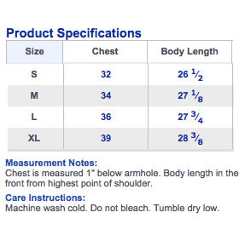 May include: Size chart for a garment with measurements in inches for chest and body length. Sizes include S, M, L, and XL. Chest is measured 1 inch below the armhole. Body length is measured from the highest point of the shoulder.