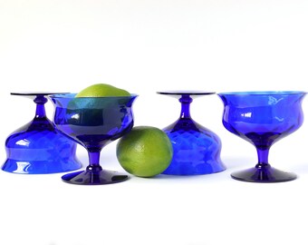 Vintage Cobalt Blue Skanda Diamond Optic Glasses by Imperial Glass, Set of 4 Champagne/Sherbet Glasses, Mint Condition!