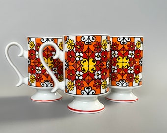 Vintage Retro Floral Pedestal Coffee Cups, Set of 3 Footed Mugs with Red Orange Yellow Flower Pattern