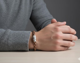 Braided Leather Bracelet: Light Brown Men's Jewelry, Magnetic Clasp