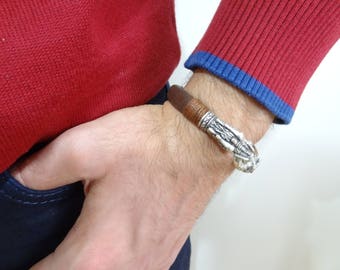 Pulsera de cuero marrón chocolate para hombre, joyería para hombre, pulsera de dragón, pulsera de puño para hombre, regalos para novio, regalos del Día del Padre