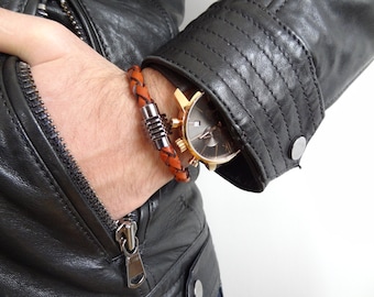Taba Braided Genuine Leather Bracelet, Stainless Steel Clasp, Men's Jewelry