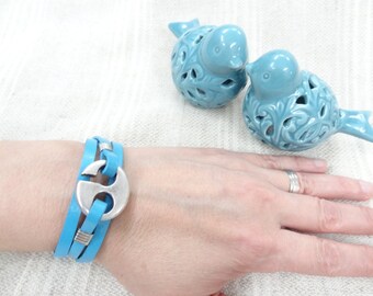 Womens Wrap Leather Bracelet, Turquoise Genuine Leather Bracelet, Leather Jewelry,Charm Bracelet, Gifts for Girlfriend, Mother's Day Gift