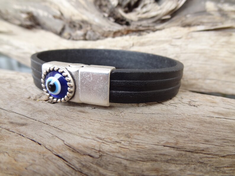 Men's Evil Eye Bracelet, Black Thick Leather With Silver Evil Eye