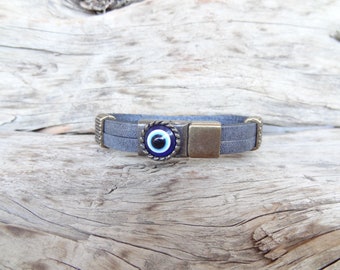 Men Evil Eye Bracelet, Gray Thick Leather and Bronze Magnetic Clasp, Protection Bracelet, Men Leather Cuff, Turkish Nazar, Gift for Him Her