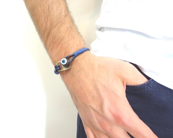 Men's Navy Leather Bracelet: Bronze Evil Eye Hook Clasp