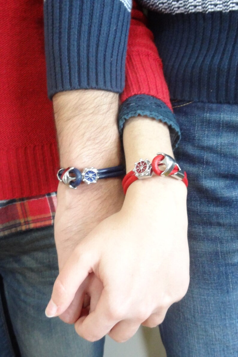 Couples Bracelet Gift for Him Unisex Cuff Bracelet Red Leather Bracelet Chrome Wheel Anchor Clasp Gift for Her Blue Leather Bracelet