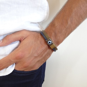 Men&#39;s Evil Eye Bracelet, Black and Green Thick Leather, Bronze Magnetic Bracelet, Protection Nazar Bracelet, Men Leather Cuff, Gift for Her