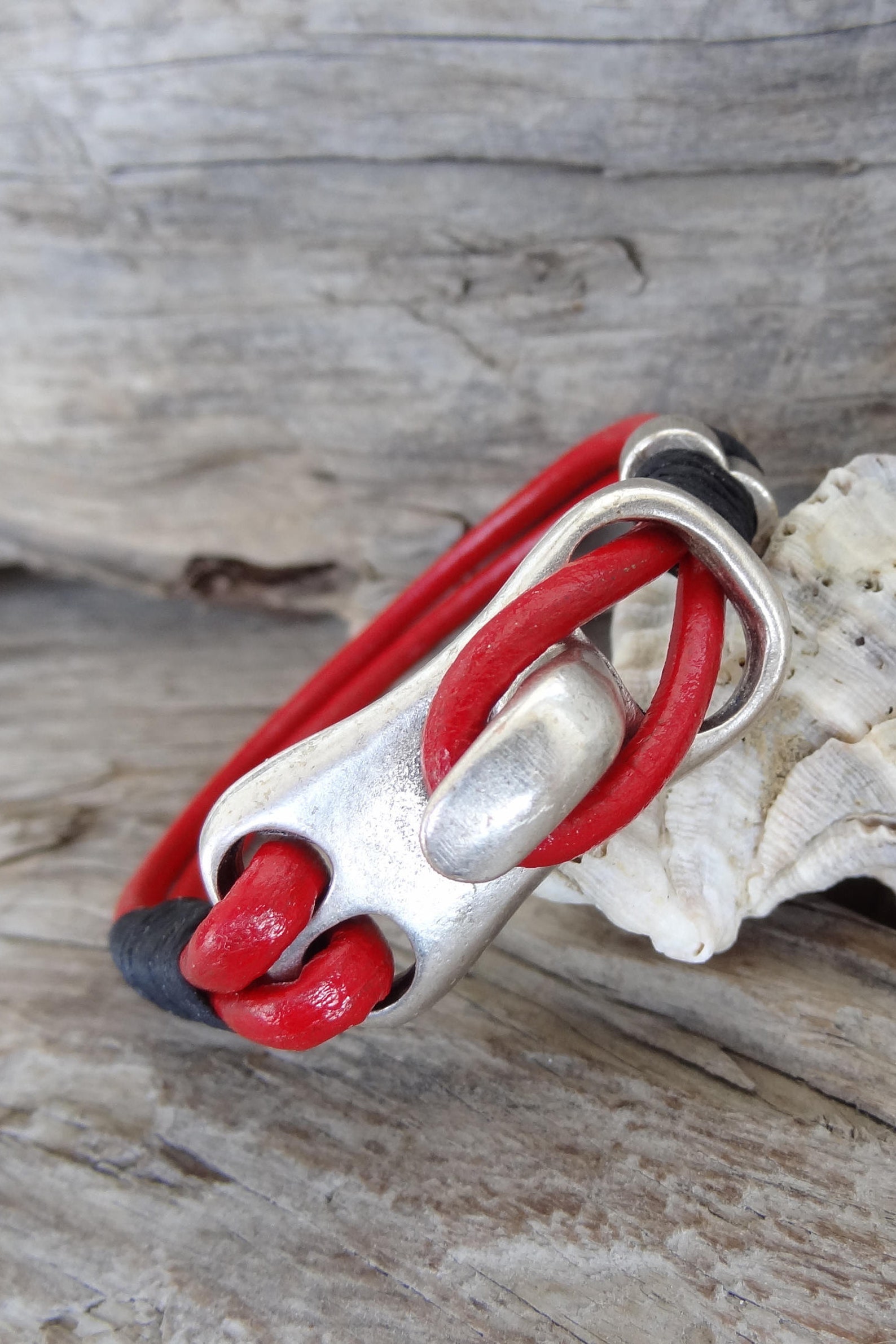 Men's Red Leather Bracelet Red Leather With Silver Hook Etsy