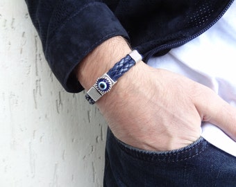 Men's Evil Eye Bracelet, Navy Blue Braided Thick Leather and Silver Magnetic Clasp, Men's for Protection, Nazar Bracelet, Father's Day Gifts