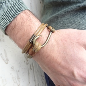 Wrap Fishing Hook Bracelet, Natural Leather Bracelet, Bronze Hook Clasp, Unisex Jewelry, Nautical Bracelet, Gift For Him, Gifts For Her