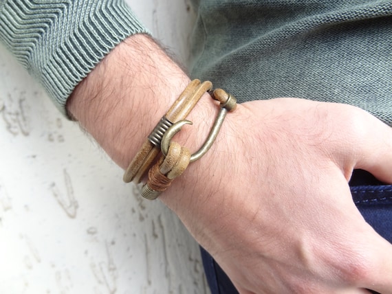 Wrap Fishing Hook Bracelet, Natural Leather Bracelet, Bronze Hook Clasp, Unisex Jewelry, Nautical Bracelet, Gift For Him, Gifts For Her