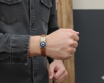Men Evil Eye Bracelet, Camel Thick Leather and Bronze Magnetic Clasp, Protection Bracelet, Men Leather Cuff, Turkish Nazar, Gift for Him Her