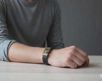 Men's Black Leather Bracelet, Antique Brass Clasp Cuff, Genuine Leather Jewelry