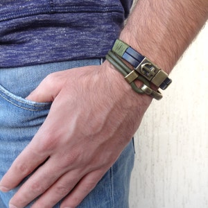 Olive Green Leather Bracelet, Antique Brass Half Bracelet, Men Leather Jewelry, Green Leather Bracelet, Gift for Him, Father&#39;s Day Gifts