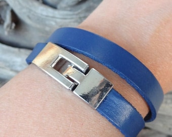 Night Blue Leather Wrap Bracelet: Steel Hook Clasp