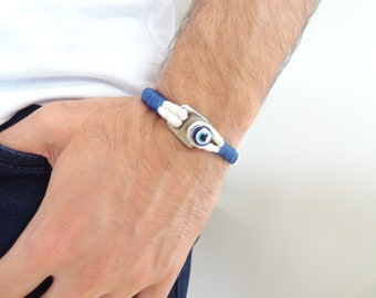 Men's Evil Eye Bracelet, White Imitation Leather and Silver Hook Clasp, Men's for Protection, Mens Jewelry, Gift for Him, Father's Day Gifts