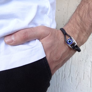 Men&#39;s Evil Eye Bracelet, Black Leather and Silver Hook Clasp, Protection Bracelet, Mens Jewelry, Gift for Anniversary, Father&#39;s Day Gifts