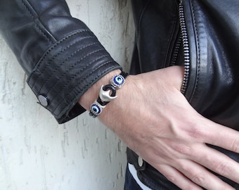 Men's Black Leather Evil Eye Bracelet: Silver Anchor Clasp