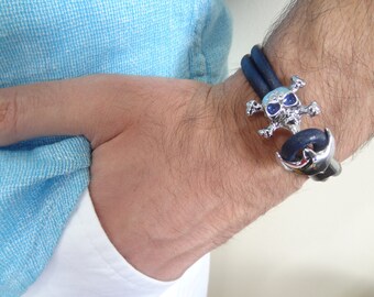 Men's Navy Blue Leather Bracelet, Men's Jewelry, Chrome Skulls Bracelet, Double Men's Cuff Bracelet, Gift for, Father's  Day Gifts