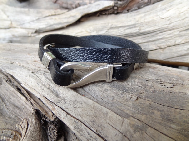 Black Wrap Leather Bracelet Silver Hook Clasp Bracelet Hook Etsy