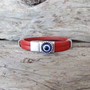 Men&#39;s Evil Eye Bracelet, Red Thick Leather and Silver Magnetic Clasp, Protection Nazar Bracelet, Men Leather Cuff, Gift for Anniversary