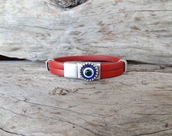 Men's Evil Eye Bracelet, Red Thick Leather and Silver Magnetic Clasp, Protection Nazar Bracelet, Men Leather Cuff, Gift for Anniversary