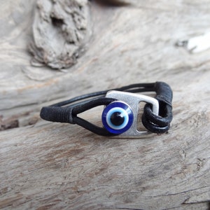 Men's Evil Eye Bracelet, Black Leather and Silver Hook Clasp, Protection Bracelet, Mens Jewelry, Gift for Anniversary, Father's Day Gifts image 6