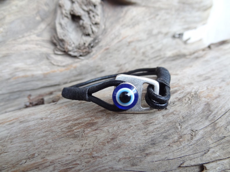 Men's Evil Eye Bracelet, Black Leather and Silver Hook Clasp, Protection Bracelet, Mens Jewelry, Gift for Anniversary, Father's Day Gifts image 6