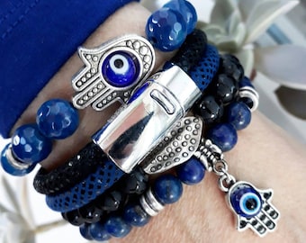 Men's Black and Blue Snake Leather Bracelet, Chrome Magnetic Clasp, Leather Cuff
